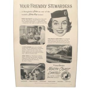 Vintage 1955 Northern Pacific Railway Friendly Stewardess Ad Advertisement
